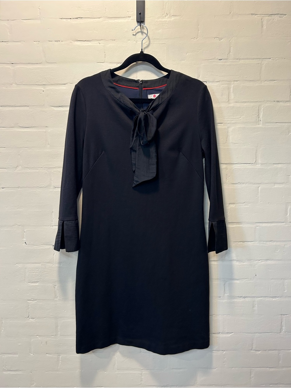 Boden Josie Ponte Knit Dress 8R Black Tie Neck 3/4 Sleeve Shift